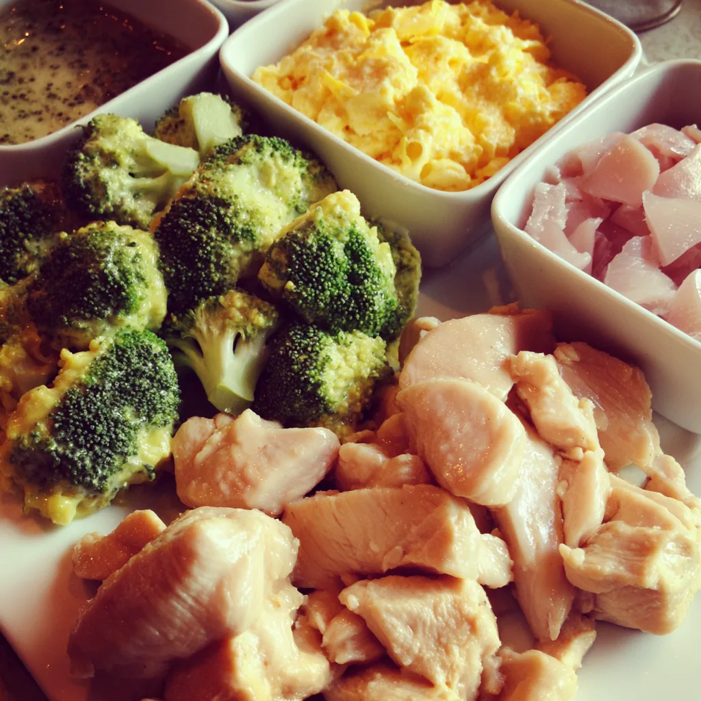 Creamy chicken and broccoli casserole with golden Ritz cracker topping and cheese sauce