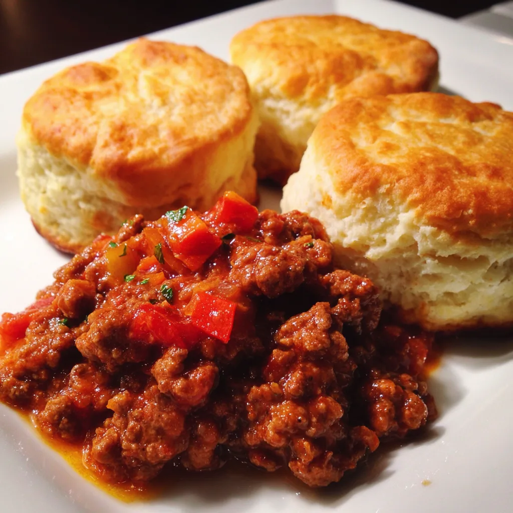 Sloppy joe biscuit bake casserole with golden biscuits and melted cheddar cheese
