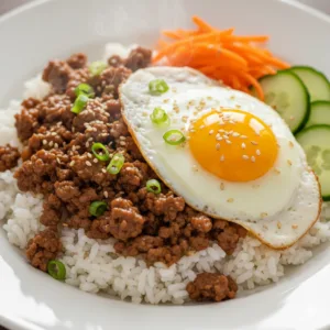 Korean-inspired ground beef bowls with caramelized beef, rice, green onions, and sesame seeds