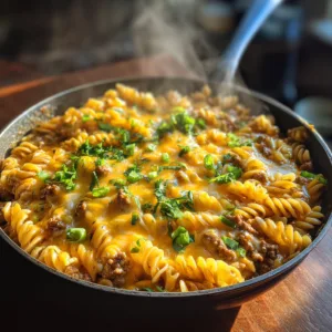 One-pot creamy taco pasta with ground beef topped with cheese and cilantro