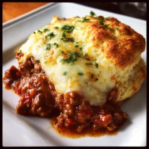 Sloppy joe biscuit bake casserole with golden biscuits and melted cheddar cheese