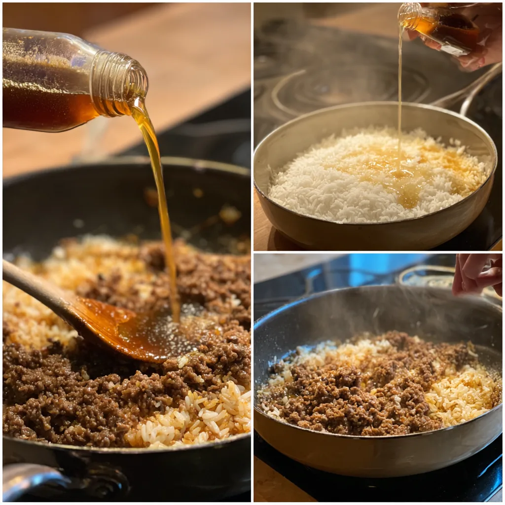 Ground beef and rice skillet with melted cheddar cheese and bell peppers