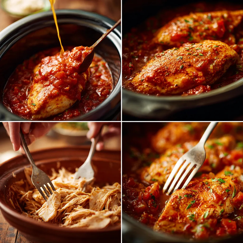 Crockpot salsa chicken tacos with shredded chicken, lettuce, cheese, and sour cream