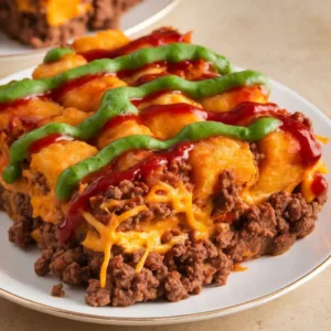 Taco tater tot casserole with golden crispy tots, melted cheese, and seasoned ground beef
