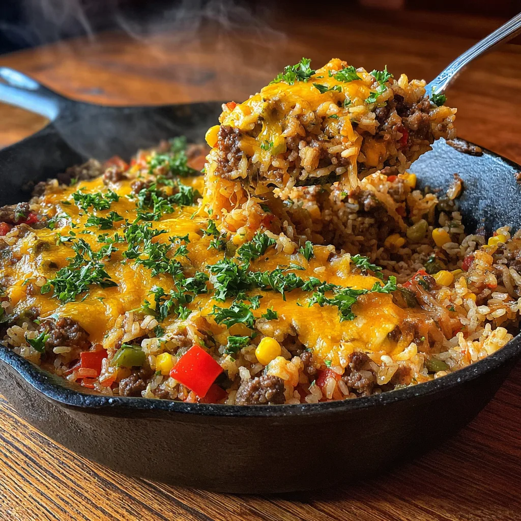 Ground beef and rice skillet with melted cheddar cheese and bell peppers