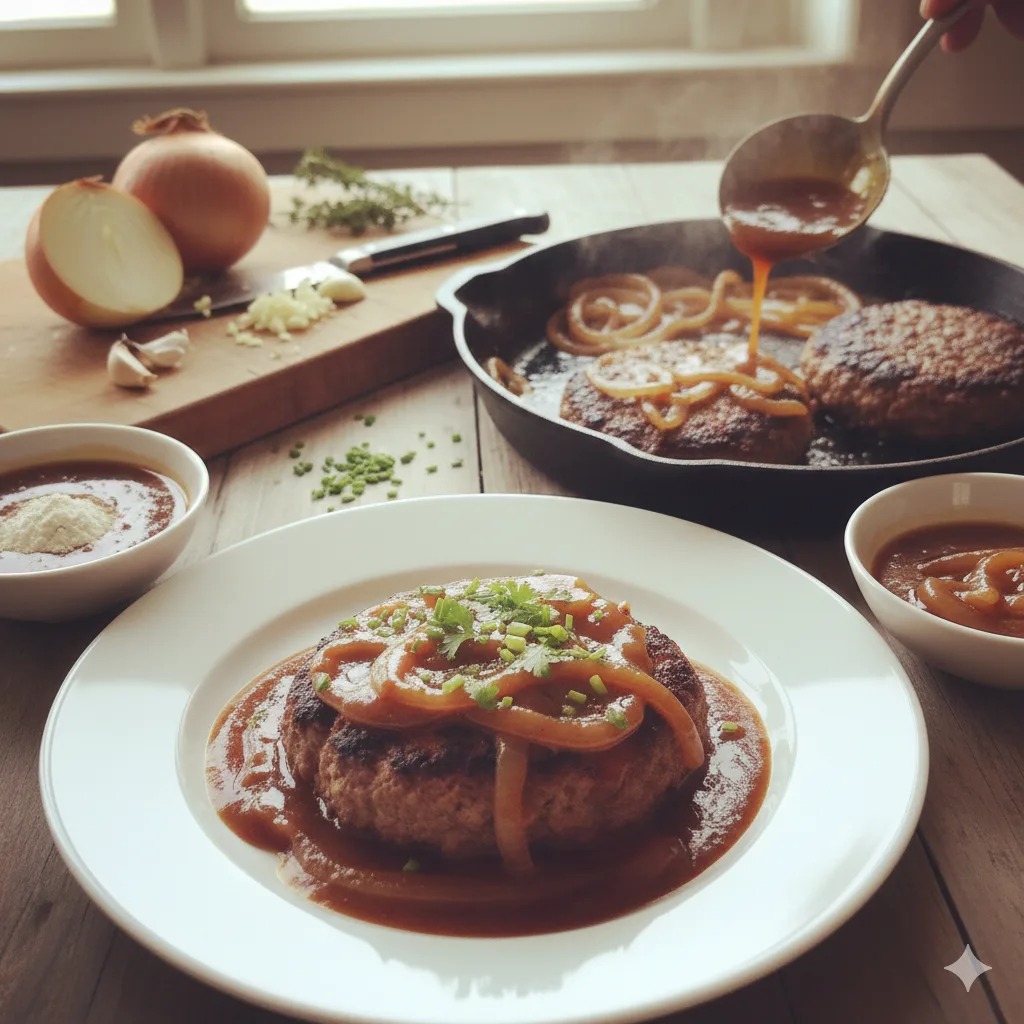 Hamburger steak with onion gravy served over mashed potatoes with caramelized onions