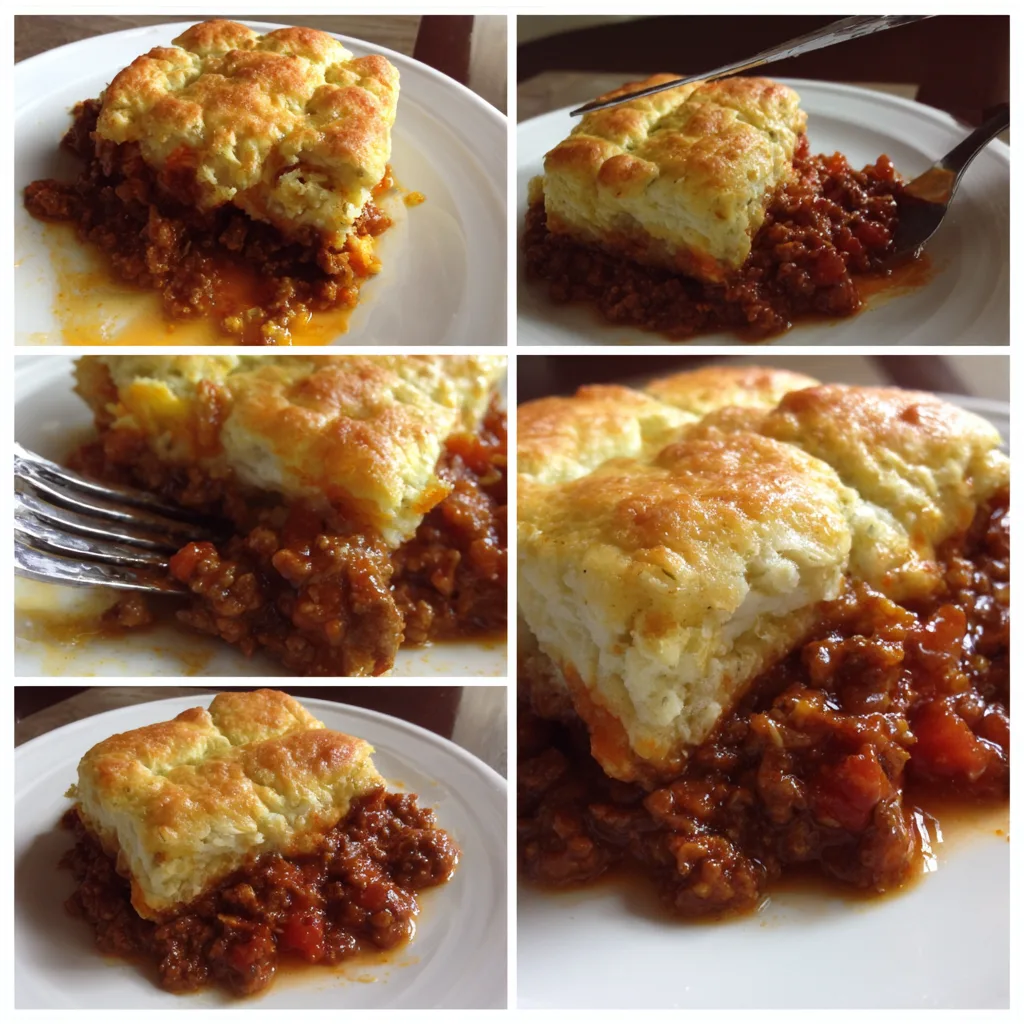 Sloppy joe biscuit bake casserole with golden biscuits and melted cheddar cheese