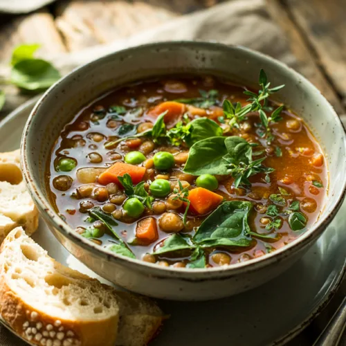 Hearty lentil vegetable soup with carrots, green peas, diced tomatoes, and fresh parsley in a rustic bowl
