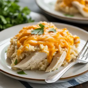 Best ever chicken and rice casserole with melted cheddar cheese and fresh parsley in white baking dish