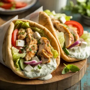Greek Chicken Gyros in pita with tzatziki and fresh vegetables